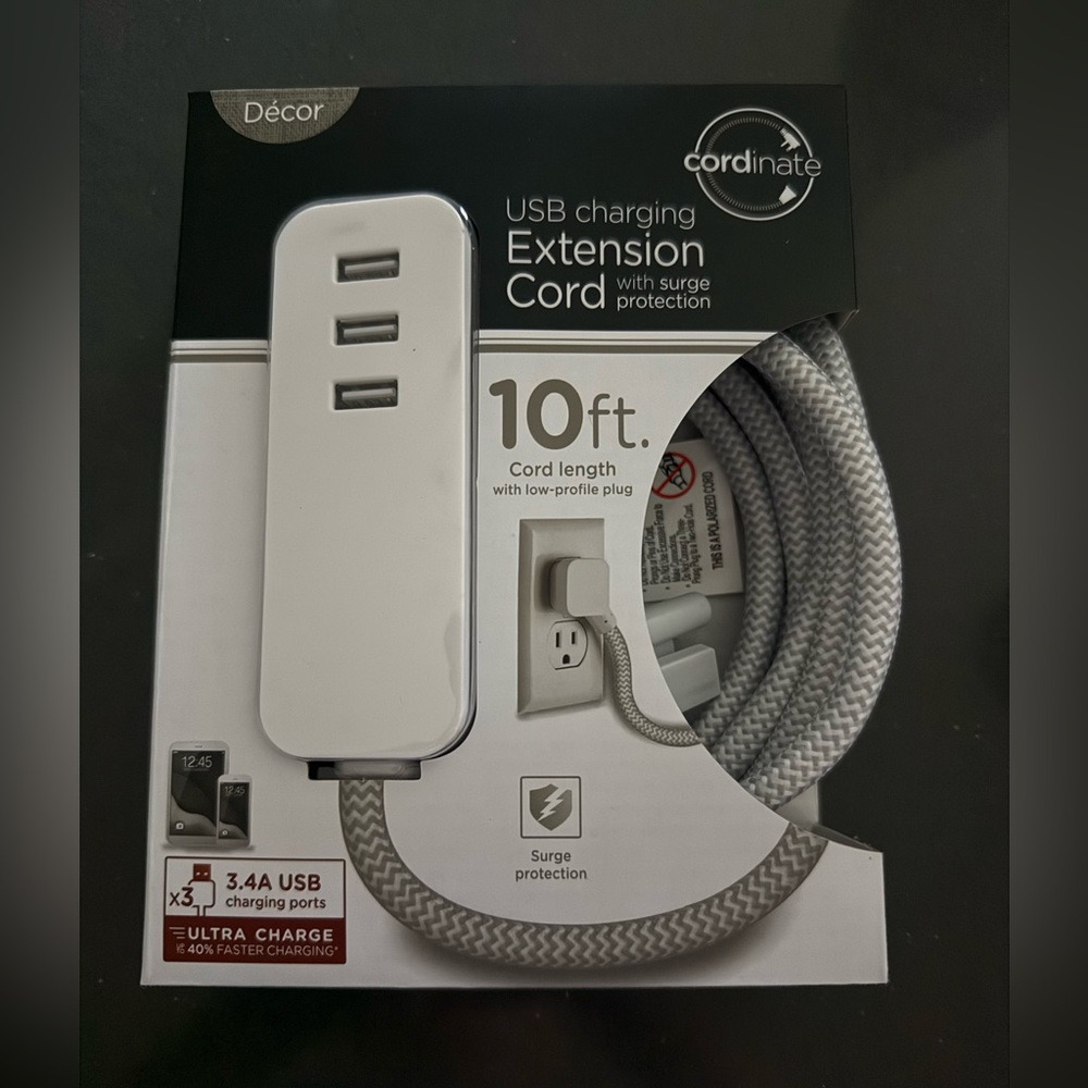 10ft USB Charging Extension Cord with 3-USB Ports NIB